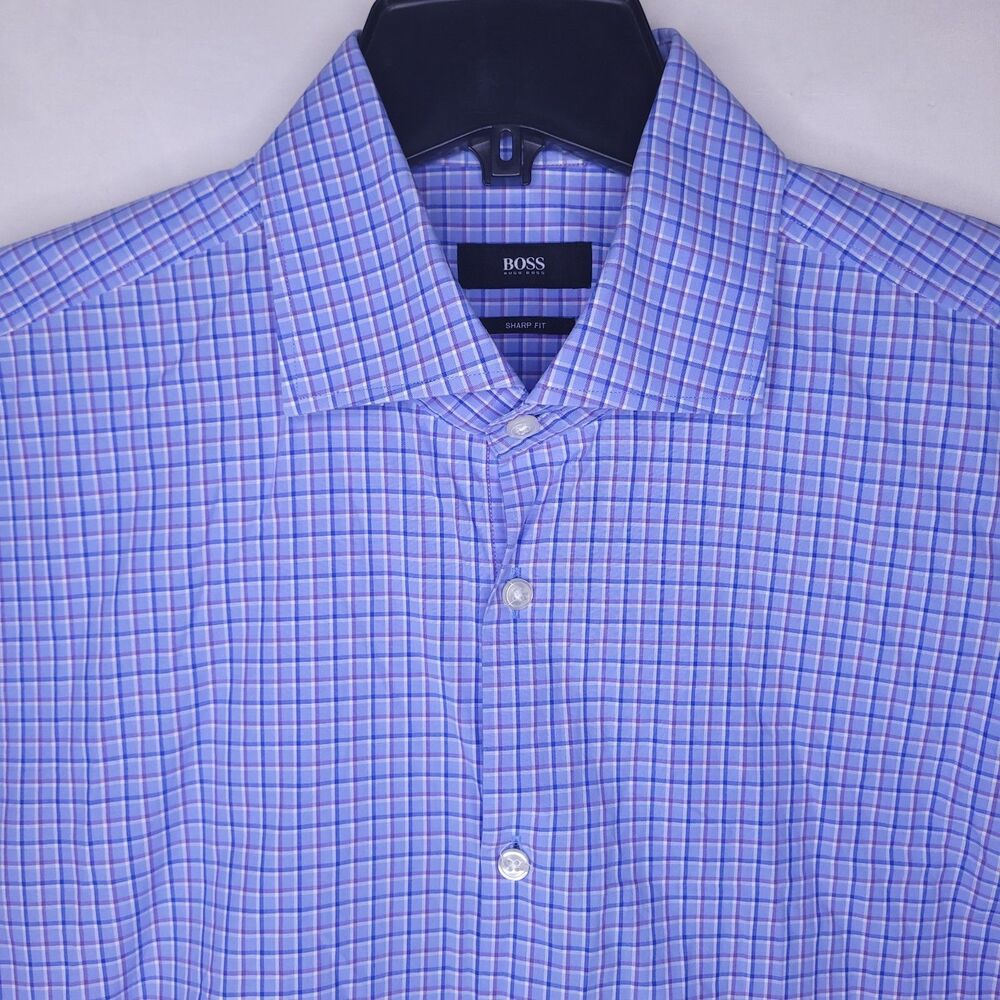 Hugo Boss Dress Shirt Mens 17 Check Blue 34/35 Sharp Fit